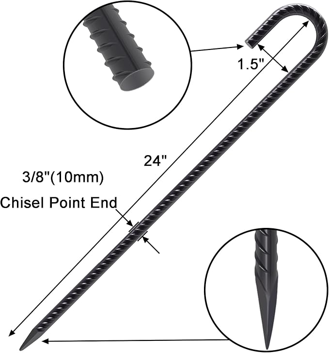 VVOKGO Rebar Stakes 24 Inch J Hook Heavy Duty Ground Anchors, 3/8 Inch Diameter - Image 2