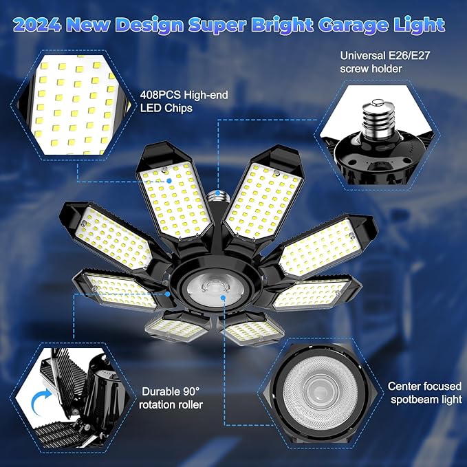 Garage Lights - Super Bright 250W LED Garage Ceiling Light w/ 8 Deformable - Image 3
