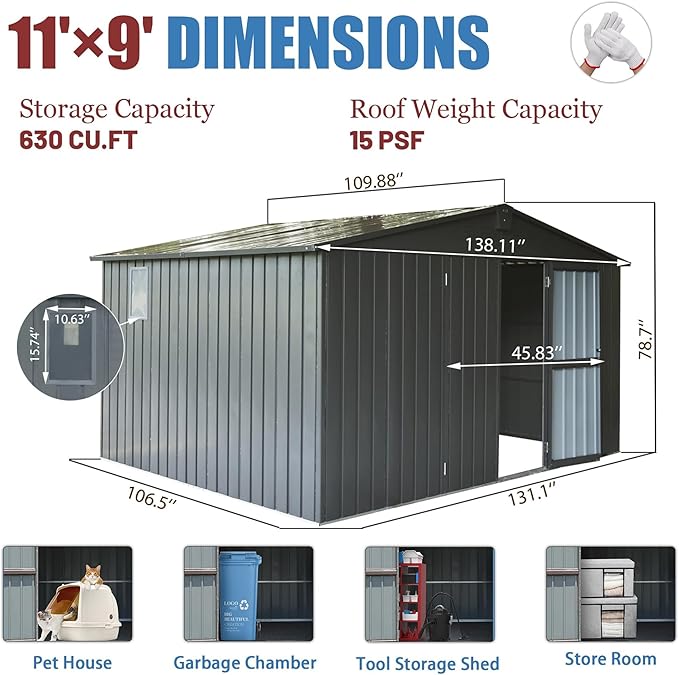 IKERY Large Galvanized Steel Storage Shed 11' x 9' - Image 7