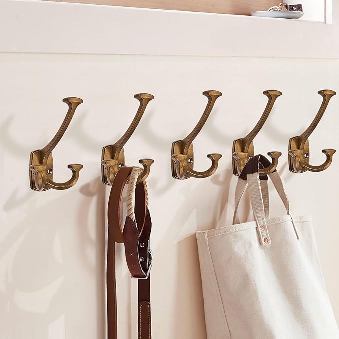 Large Wall Double-Sided Hook 5 Pack Antique Brass Hook Decorative Heavy Duty - Image 4