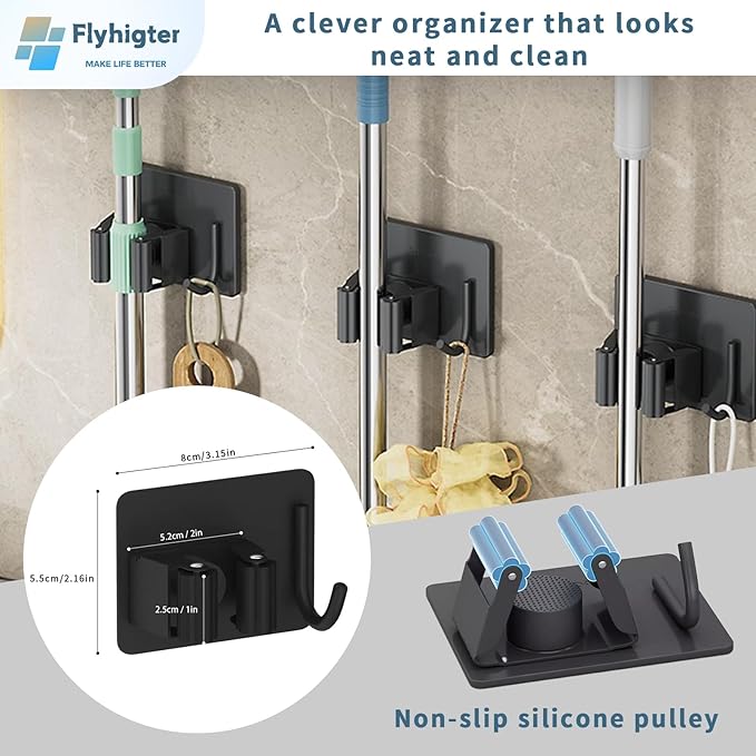 6 Pack Stainless Steel Mop and Broom Holders – Wall Mounted Grippers - Image 2