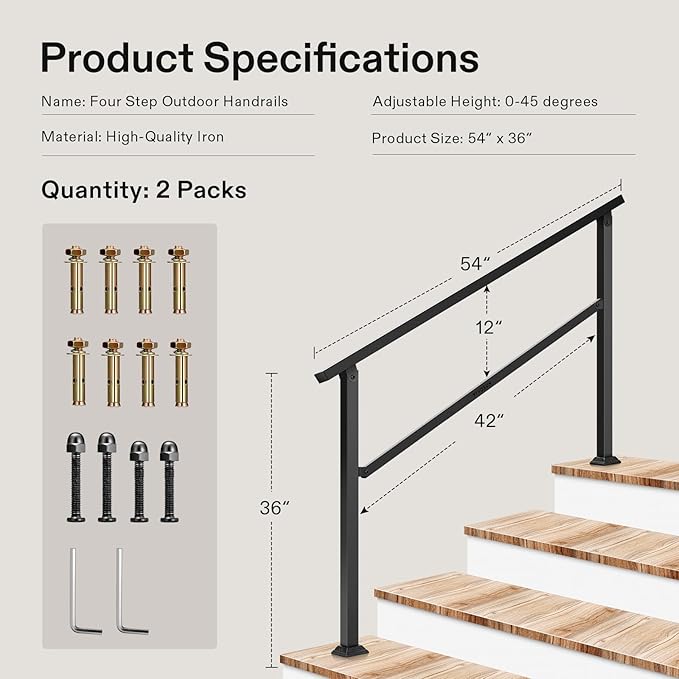 VIVOSUN 2-Pack Outdoor Handrail, 4 Step Stair Handrail, Wrought Mattle Iron - Image 2