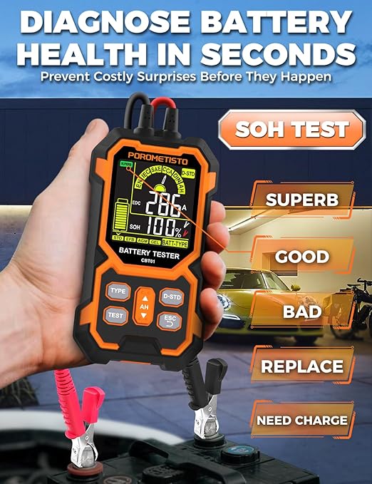 12V 24V Car Battery Tester, POROMETISTO CBT01 Automotive Battery Checker - Image 3
