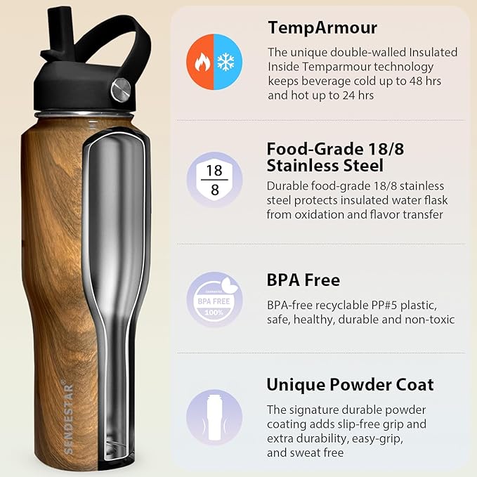 SENDESTAR 40oz Stainless Steel Water Bottle, Double Wall Vacuum Insulated Bottle - Image 3