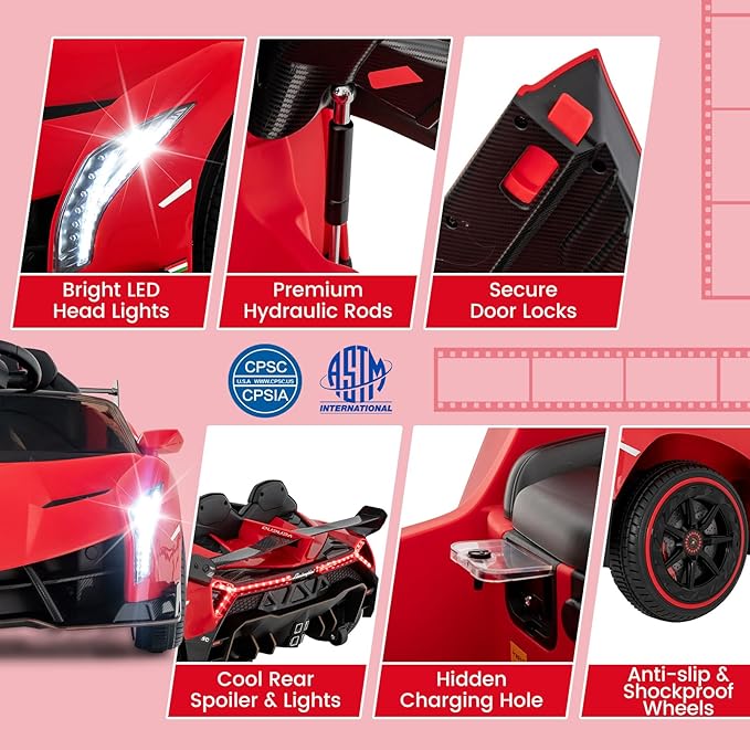 Costzon Ride on Car, Lamborghini Licensed 12V Battery Powered 4WD Sports Car - Image 4