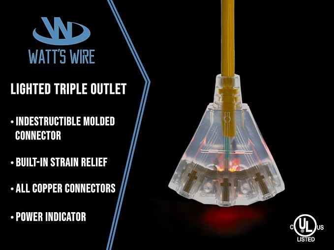 3 Pack - 2 ft - 12 Gauge Heavy Duty Extension Cord - 3 Outlet Lighted SJTW - - Image 3