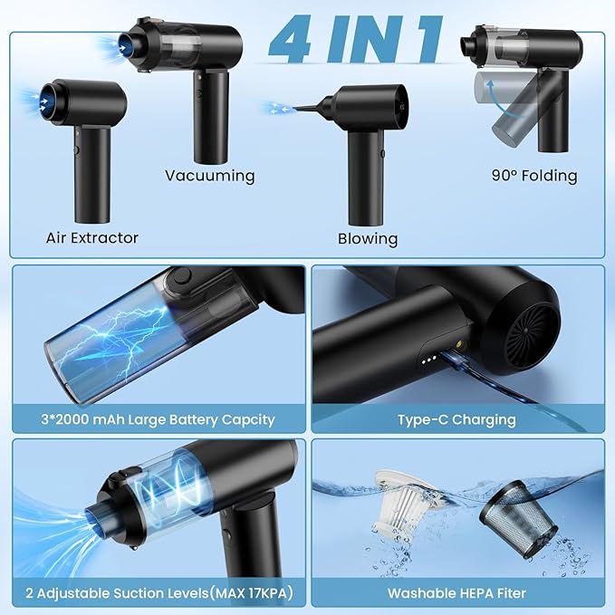 Vac V2 Portable Air Blower/Car Vacuum 90°Foldable 3in1 Handheld Vacuums Cleaner - Image 2