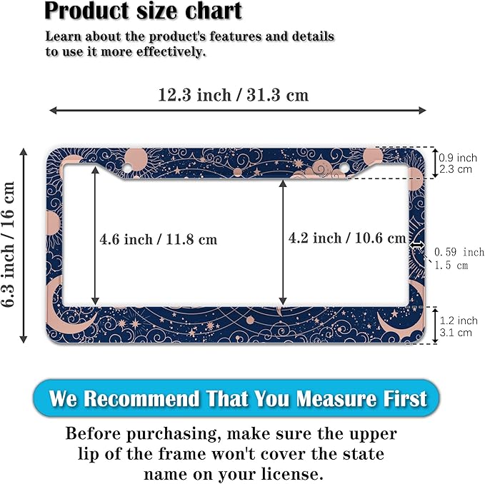 License Plate Frames for Women Blue License Plate Holder for Men Moon Sun - Image 2