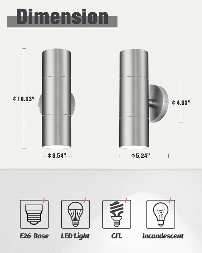 Ken & Ricky 2 Pack Stainless Steel Outdoor Wall Lights, Up Down Exterior - Image 7