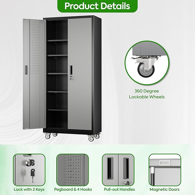 Garage Storage Cabinet with Pegboard and 5 Adjustable Shelves, Tool Storage - Image 8