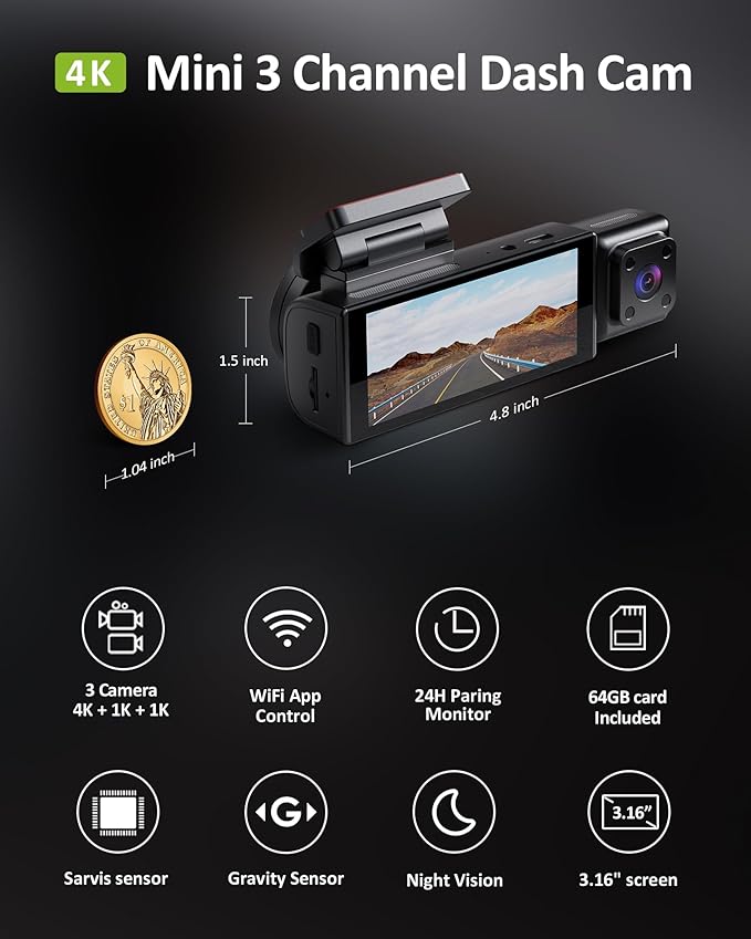 4K 3 Channel Dash Cam Front Rear Inside，STARVIS Sensor, 5GHz WiFi, 64GB Card - Image 2