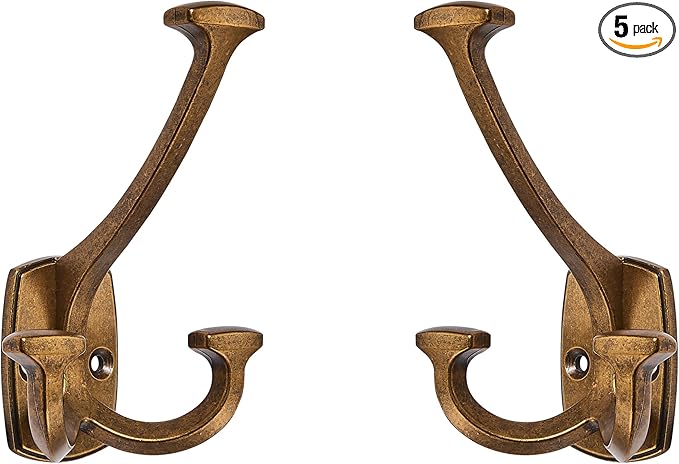 Large Wall Double-Sided Hook 5 Pack Antique Brass Hook Decorative Heavy Duty by ZAUYX