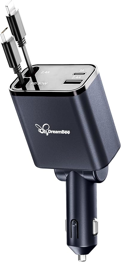 DreamBee Retractable Car Charger, custom-made modelRetractable Cables and 2 USB by PowerYourWorldWithDreamBee