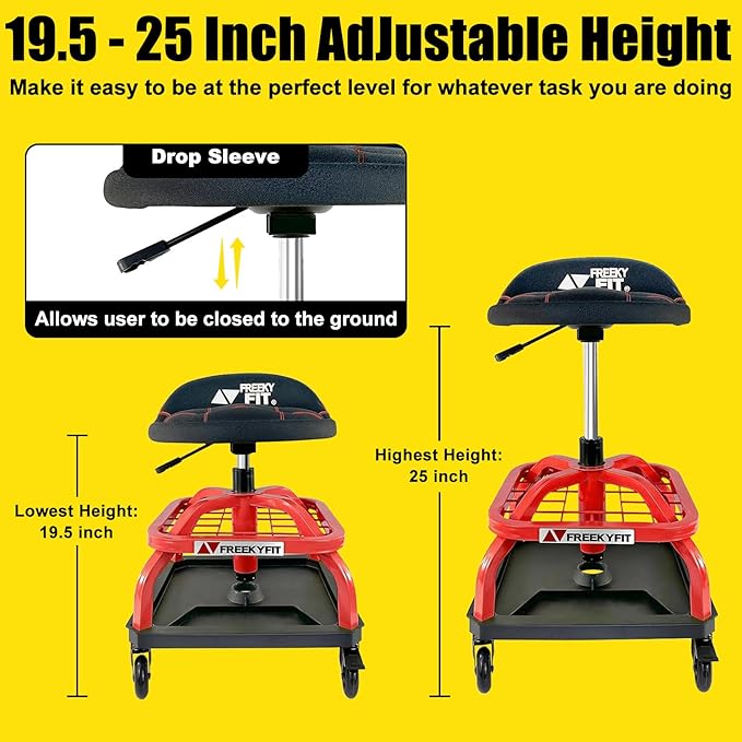 Rolling Shop Stool with Wheels, Garage Work Mechanic Stool with Backrest - Image 3