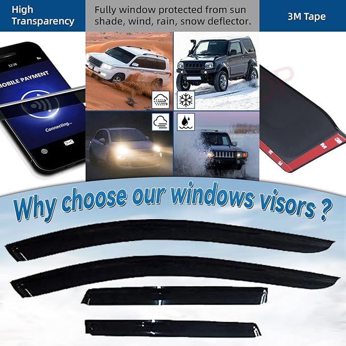 4pcs Front+Rear Smoke Sun/Rain Guard Outside Mount Tape-On Window Visors - Image 2