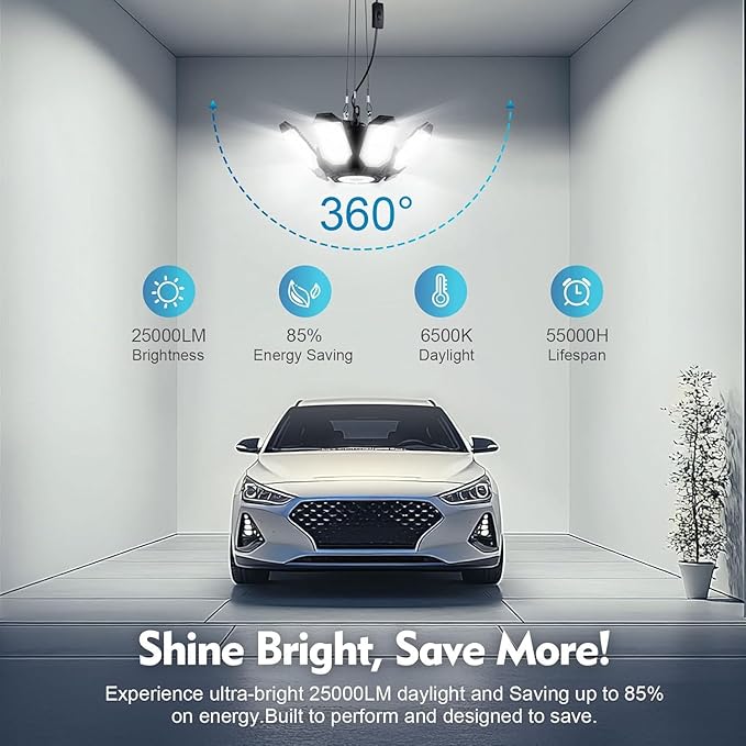 TANBABY Upgrade 250W LED Garage Lights Plug in 2 Pack, Total 50000LM Deformable - Image 4