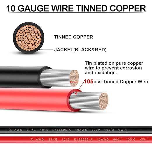 10 Gauge Wire - iGreely 100 FT Red & 100 FT Black 10 Gauge Tinned Copper - Image 2