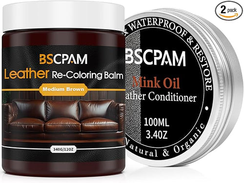 12oz Leather Recoloring Balm & 3.4oz Mink Oil Leather Conditioner kit, Medium by BSCPAM