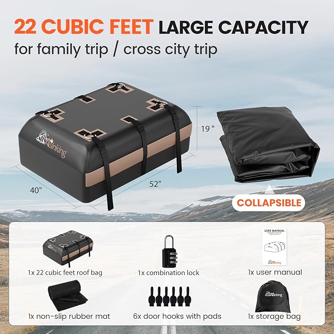 Asinking Car Rooftop Cargo Carrier Bag, 22 Cubic Feet Waterproof Roof Cargo Bag - Image 5