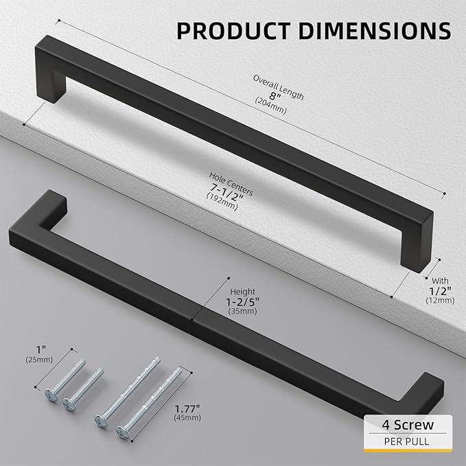 Goldenwarm 1 Pack Black Square Bar Cabinet Pull Drawer Handle Stainless Steel - Image 2