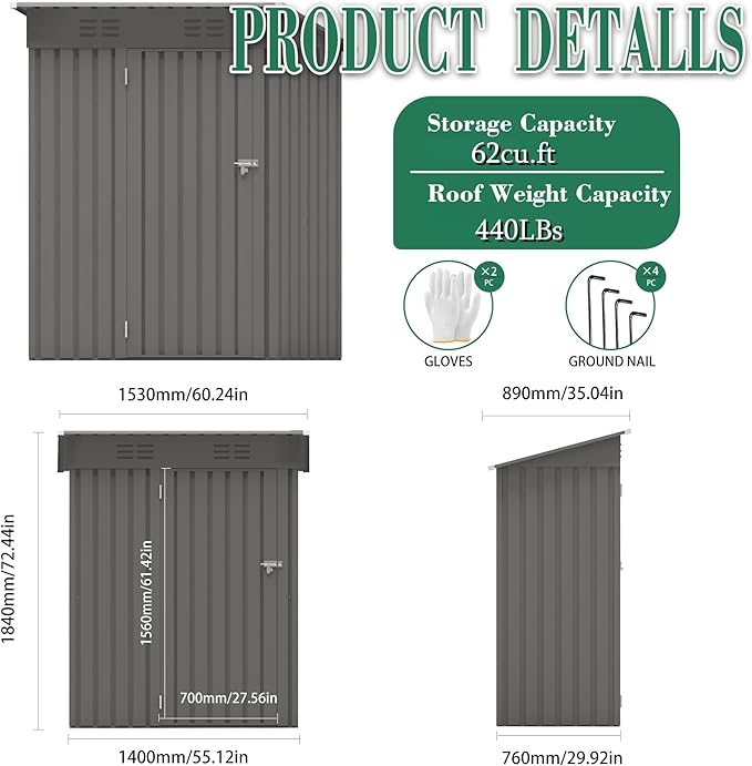 5x3x6FT Outdoor Storage Shed, Galvanized Steel Garden Shed - Image 6