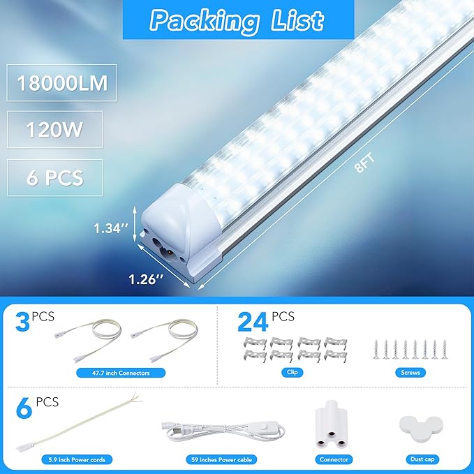 6 Pack 8FT T8 LED Shop Lights, 120W Integrated Tube Light, 19200LM 6000-6500K - Image 5