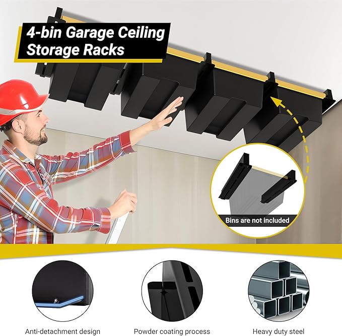 Overhead Garage Storage Rack 4-Bin, Heavy Duty Ceiling Racks w/ 400 LBS Load - Image 4