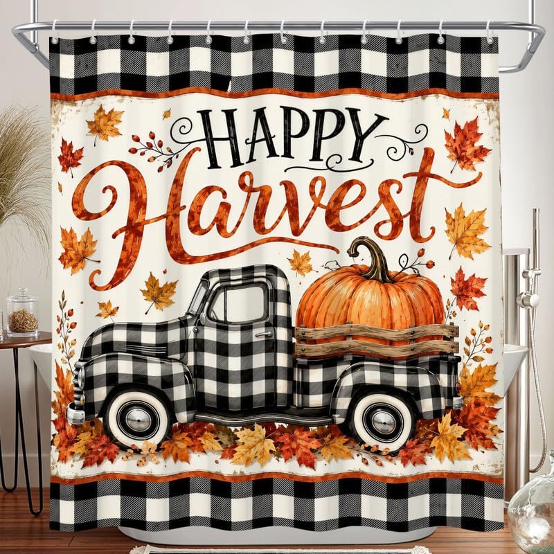 Fall Thanksgiving Harvest Pumpkin Shower Curtain, Autumn Truck Buffalo Plaid Check Leaves Farmhouse Black White Bathroom Curtains 72x72, Fall Friendsgiving Bath Decor, Waterproof Fabric with 12 Hooks by Duluxykl