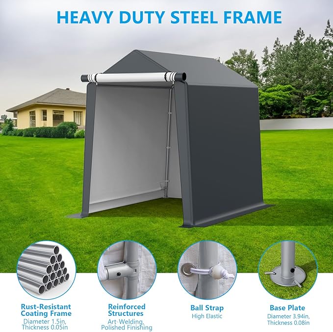 6x8FT Outdoor Storage Shelter Carport, Portable Shelter Heavy Duty Storage Shed - Image 5