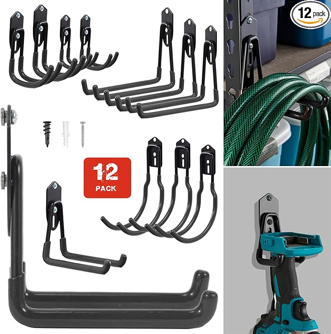 Wallmaster Garage Hooks Organizer Kit, 12 Pack Adjustable Heavy Duty Shelving by Wallmaster