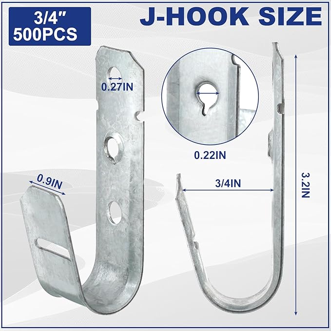 Gisafai 500 Pcs Cable Support J-Hook, 3/4 Inch Metal Garage Hooks - Image 2