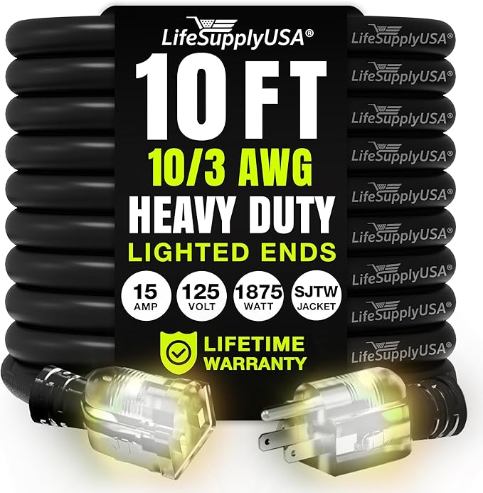 10ft Outdoor/Indoor Extension Cord 10/3 Gauge Ultra Heavy Duty 3 Prong SJTW by LifeSupplyUSA
