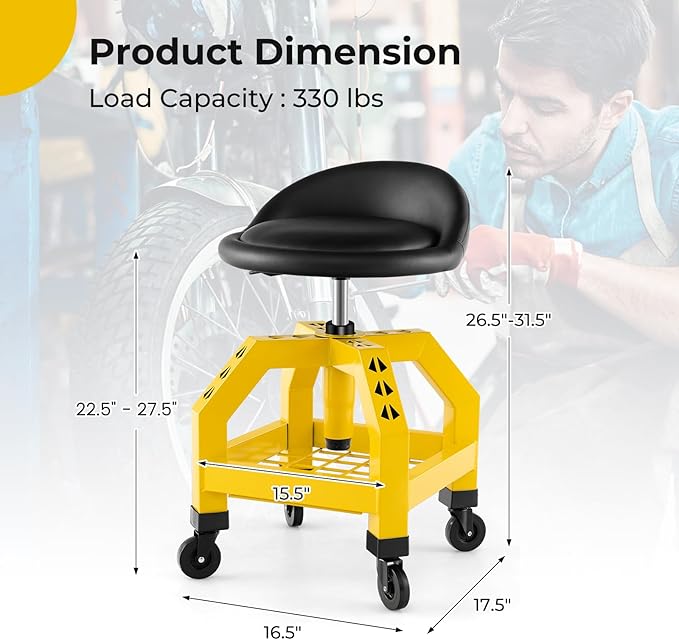 S AFSTAR Shop Stool with Wheels, Height Adjustable Garage Stool with 4 - Image 3