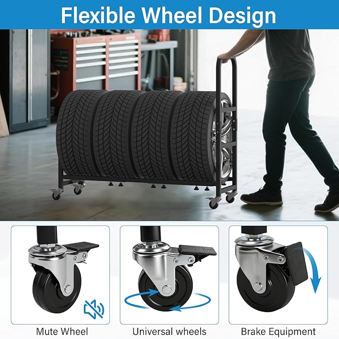 Rolling Tire Rack 43.5" x 13" x 37.4", 2 in 1 Metal Garage Tire Storage Rack - Image 3