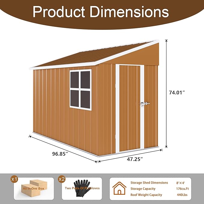 8 x 4 FT Outdoor Lean to Storage Shed, Metal Garden Tool Shed - Image 8