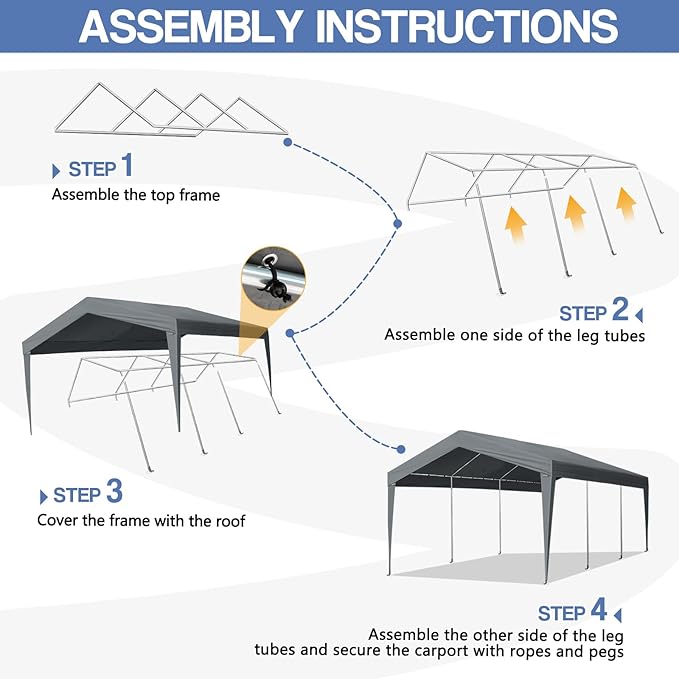 VINGLI 12x20 Carport Canopy Portable Garage, Car Canopy Heavy Duty Car Tent - Image 4