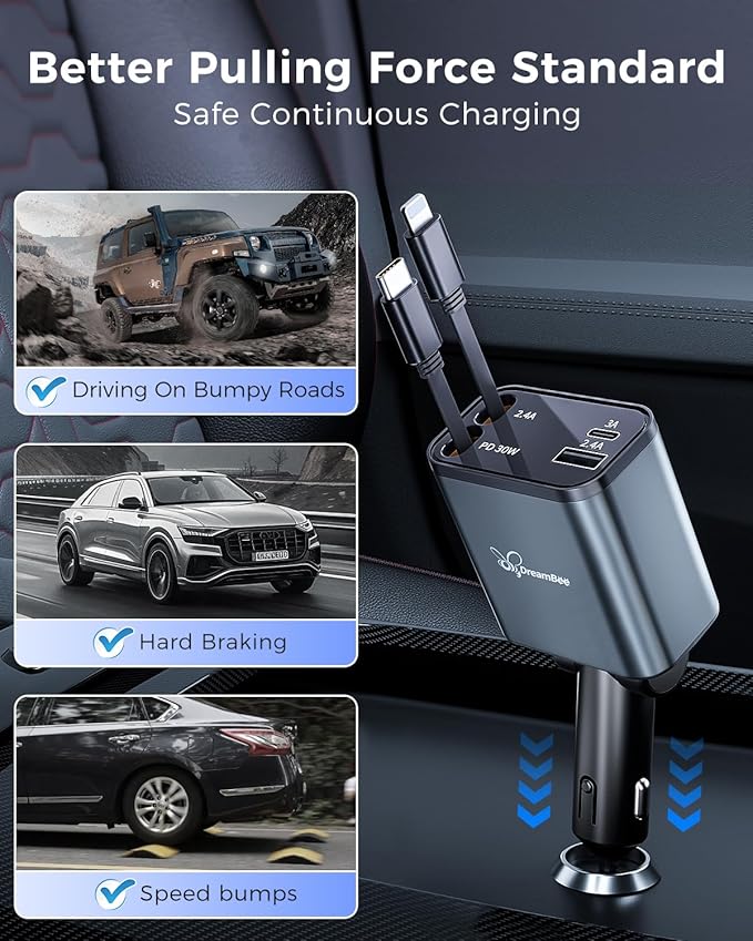 Retractable 70W USB Car Charger Adapter, 4 in 1 Fast Phone Charger, 2 - Image 6