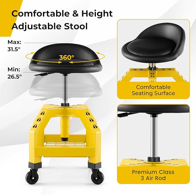 S AFSTAR Shop Stool with Wheels, Height Adjustable Garage Stool with 4 - Image 4