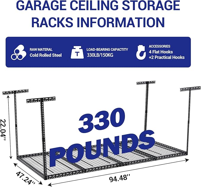 Overhead Garage Storage Rack 4x8 FT, Steel Ceiling Shelves 330lb Capacity - Image 2
