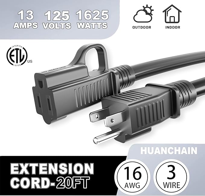 HUANCHAIN Indoor Outdoor Black Extension Cord 20 ft Waterproof, 16/3 Gauge - Image 7