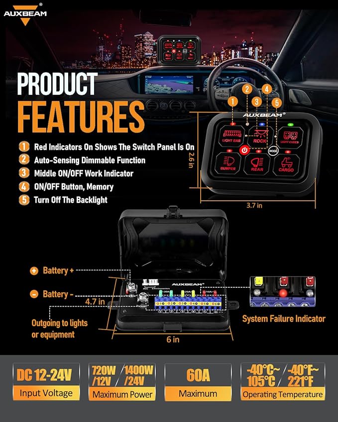 Auxbeam 6 Gang Switch Panel RA60 Toggle Momentary Pulsed RGB Dimmable Switch - Image 2