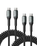 USB C to USB C Cable Coiled 3FT 2Pack, Braided Type C Charger by KIYODA