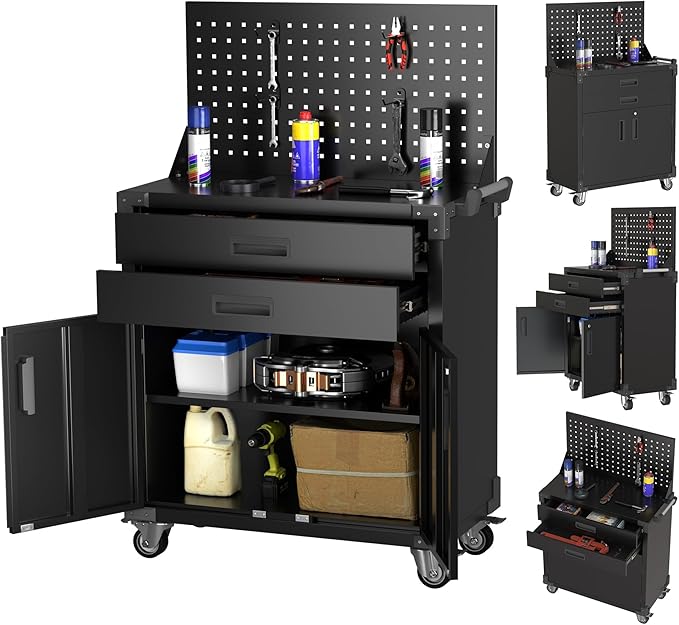 Black Tool Cart with Pegboard and 4 Hooks, Garage Storage Cabinet on Wheels by SUXXANFurniture