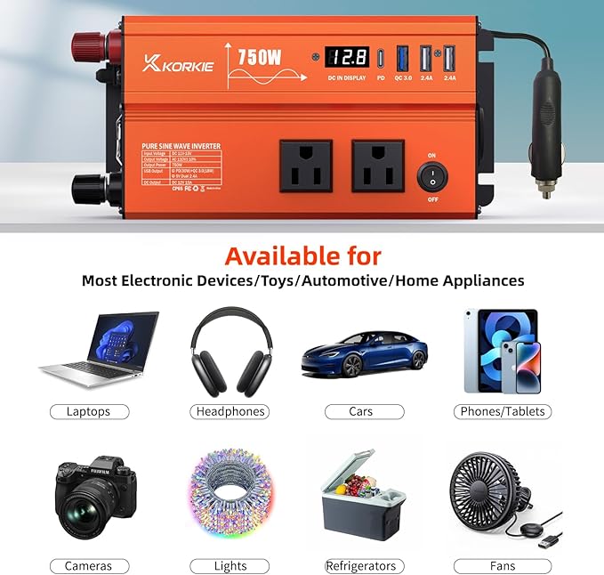 750W Pure Sine Wave Inverter, Car Power Inverter, 12V DC to 110V AC Power - Image 4