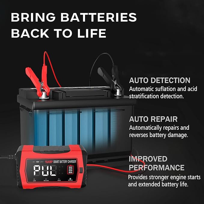 16-Amp 24V/12V/6V Portable Car Battery Charger, Smart LiFePO4 Lithium Lead-Acid - Image 6