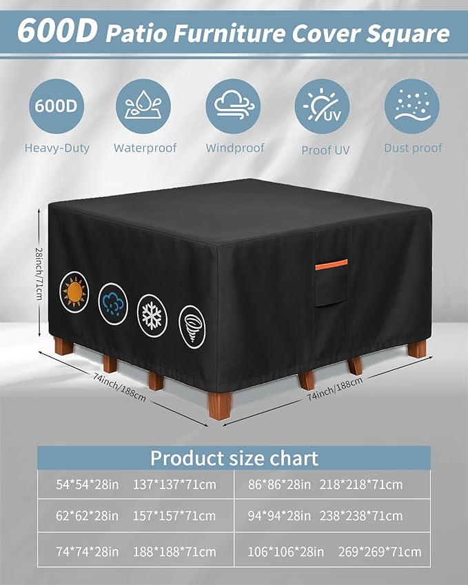 Outdoor Waterproof Furniture Cover, 74W x 74L x 28H inches Heavy Duty 600D - Image 3