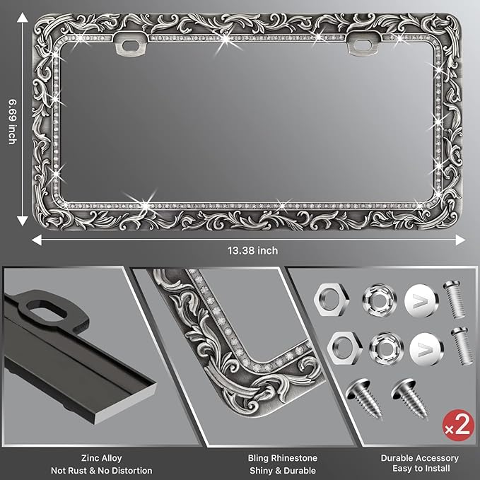 Valor Metal Car License Plate Frames, Antique Old Pattern Printing, Bling - Image 4