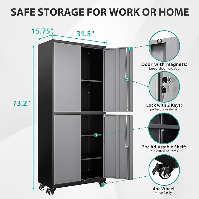 Metal Storage Cabinet with Wheels, Rolling Garage Storage Cabinet with Lock - Image 2