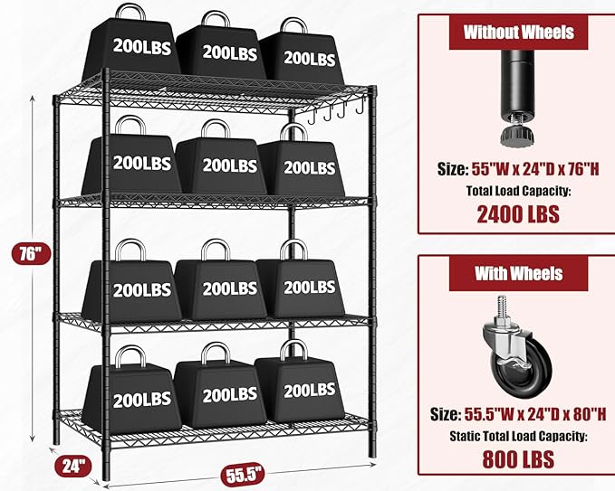 PrimeZone 55.5" W x 24" D x 80" H Heavy Duty Wire Storage Shelves - Image 3