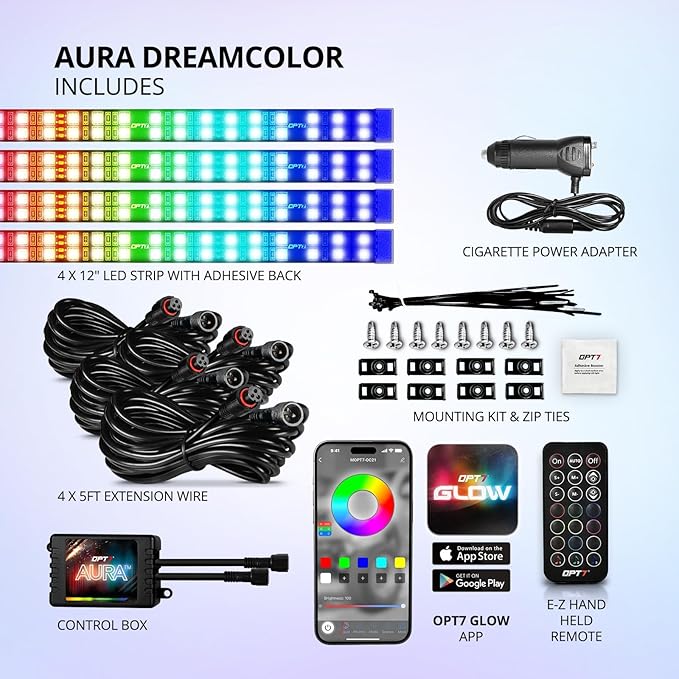OPT7 Aura DreamColor Interior Light Strips, Underdash Ambient Lighting Universal - Image 9